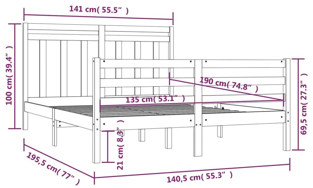 Estrutura de cama dupla 135x190 cm madeira maciça