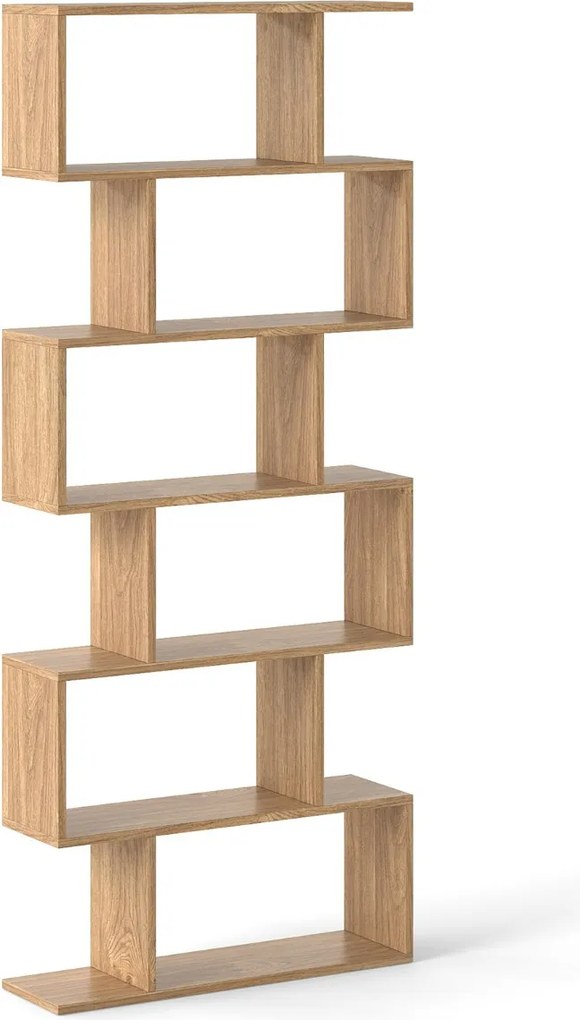 Estante de livros de 6 níveis em forma de S 80 x 23 x 191 cm para escritório ou sala de estar Natural