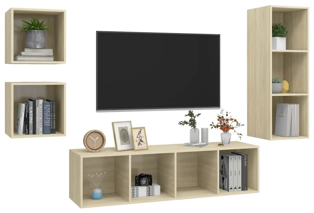 4 pcs conjunto móveis de TV derivados madeira carvalho sonoma