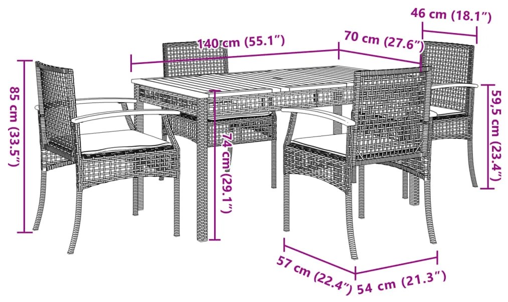 5 pcs conjunto de jantar p/ jardim com almofadões vime PE bege