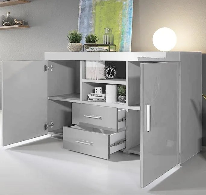 Aparador "Manvy" - 140x80x40 cm - Cinzento Brilhante - Design Moderno