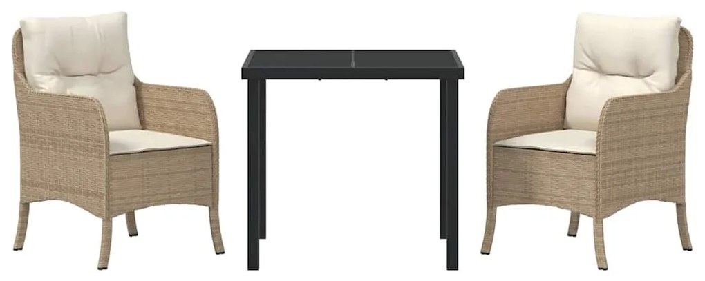Conjunto de Jantar de Jardim de 3 Peças com Almofadas Bege Rattan PE