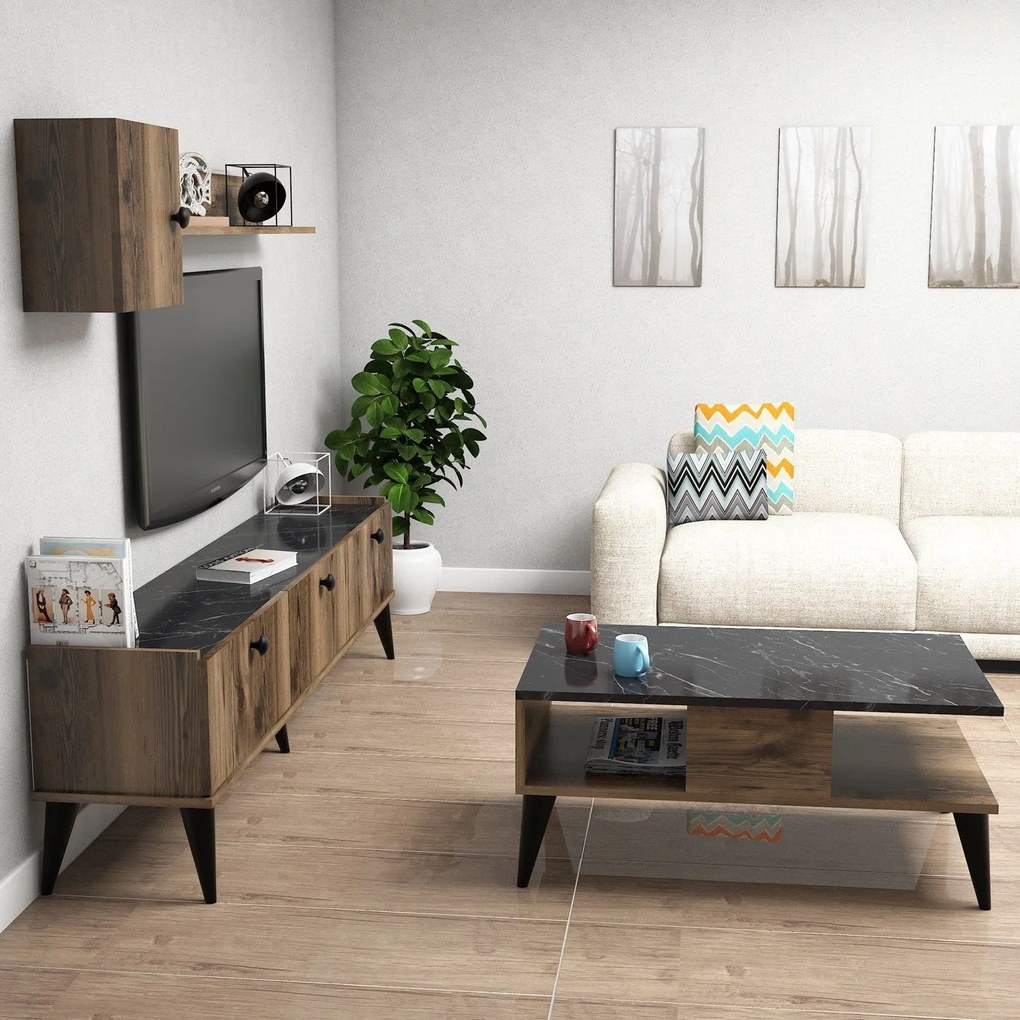 Conjunto de Mobiliário de Sala de Estar Lidya – Nogueira e Mármore – T