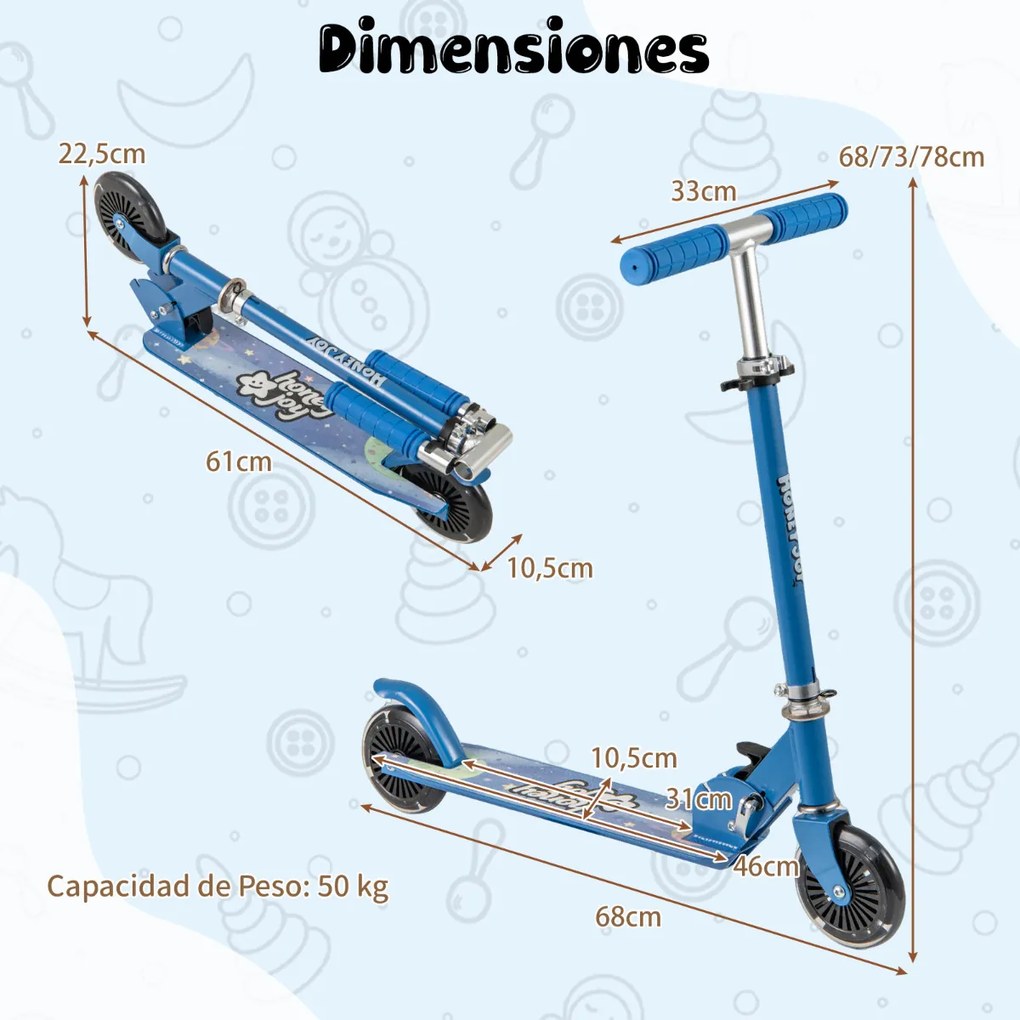 Trotinete dobrável para crianças com 2 rodas intermitentes Guiador ajustável Sistema de travão traseiro com apoios para os pés para crianças a partir