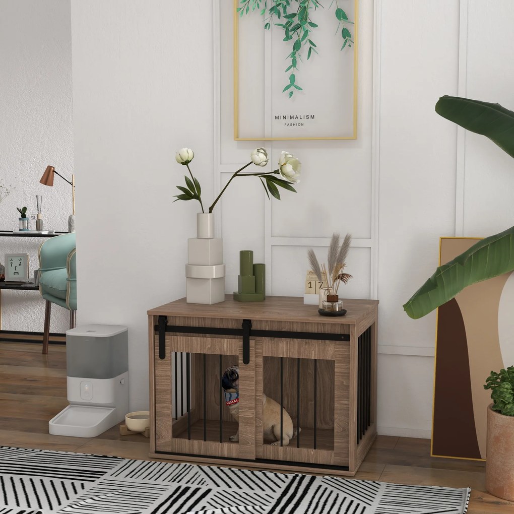 Gaiola para cães e animais de estimação 57 x 80 x 54 cm, para interior, com porta de correr, em metal com efeito de madeira castanho