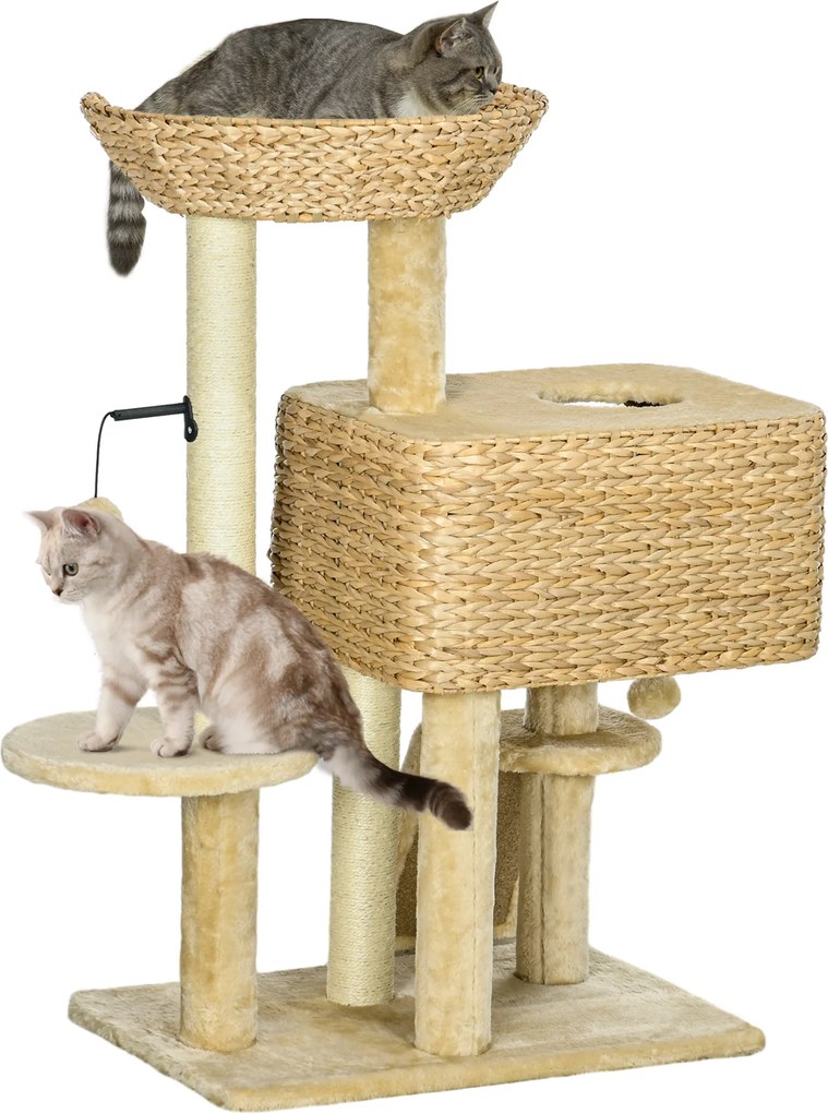 Arranhador para gatos 60 x 40 x 98 cm, compartimentos abertos, cesto de observação, plataformas e pompons suspensos bege