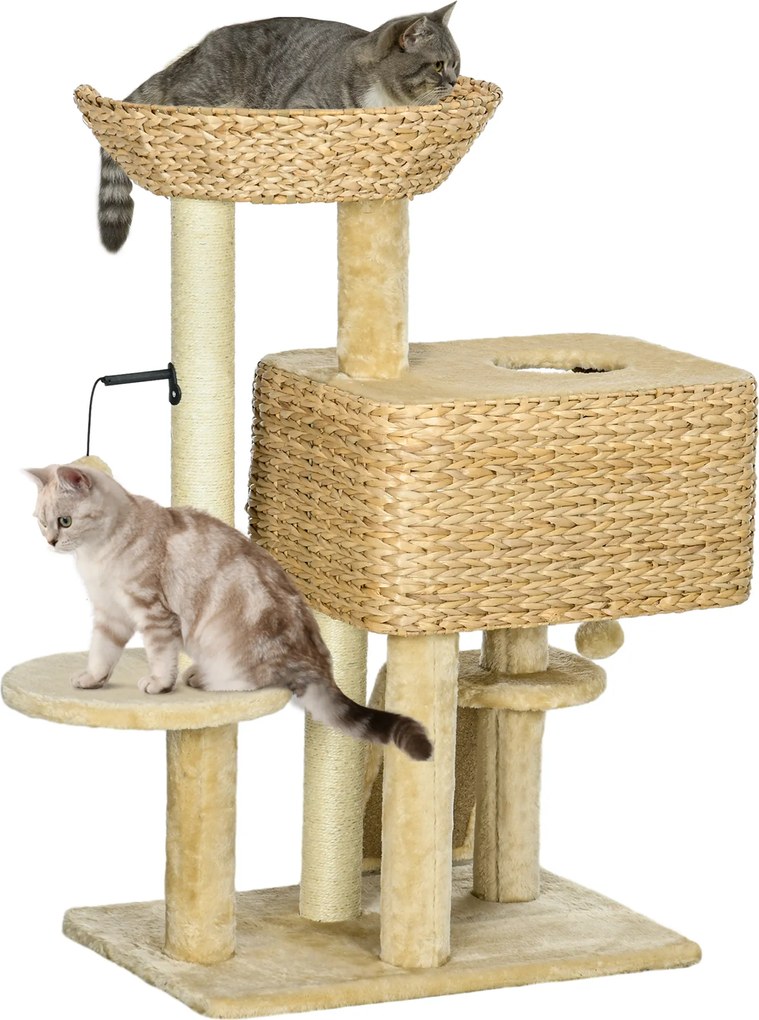 Arranhador  para gatos com arranhador, nicho, cesto de observação, plataformas e pompons suspensos, 60 x 40 x 98 cm, bege