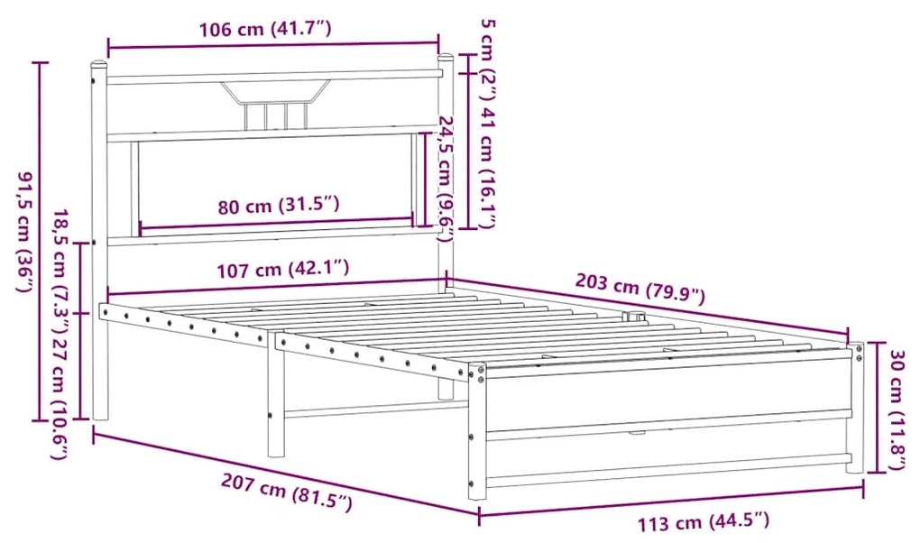 Estrutura de cama sem colchão 107x203 cm carvalho fumado
