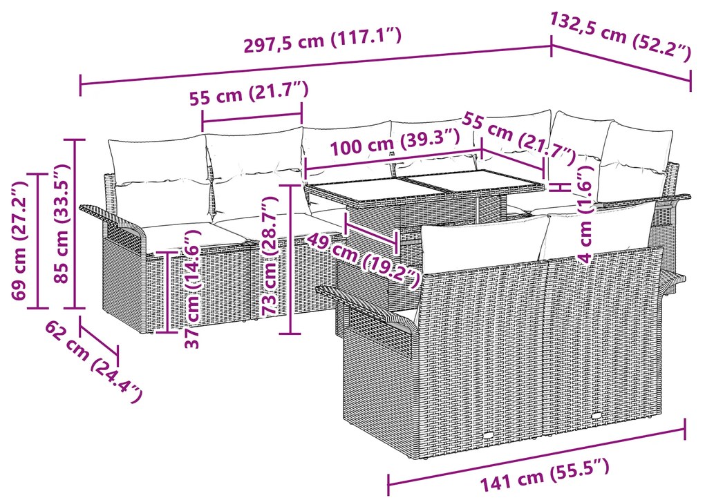 Conjunto de Sofá de Jardim vidaXL com 9 Peças e Almofadas em Rattan Po