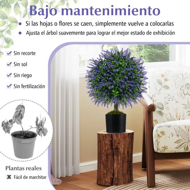 Conjunto de 2 árvores artificiais de lavanda em bola de 58 cm com vaso preenchido com cimento Verde e roxa