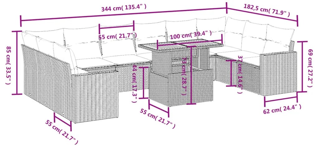 11 pcs conjunto sofás de jardim c/ almofadões vime PE preto