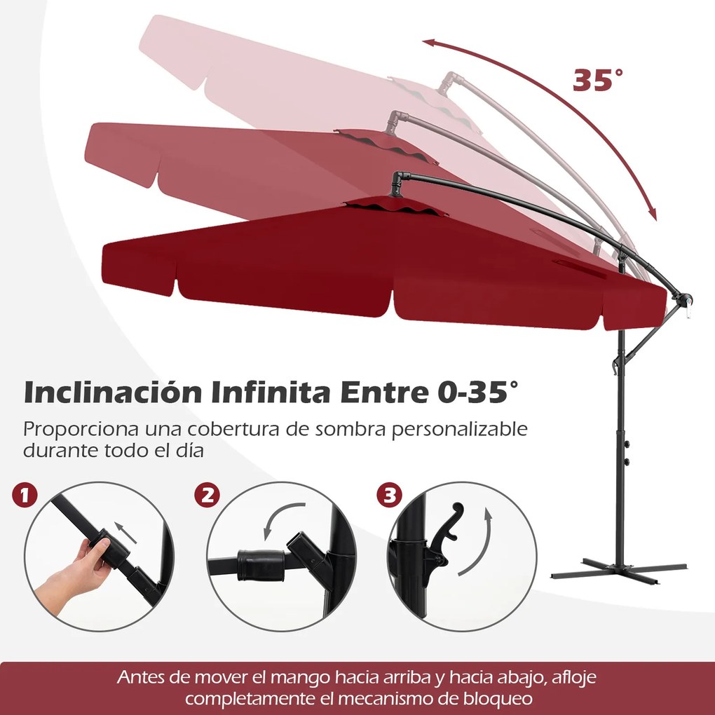 Conjunto de guarda-sol cantilever de 305 cm com inclinação de 0 a 35°, manivela, 8 varas, capa e base recheável com água/areia de 128 kg, vermelho