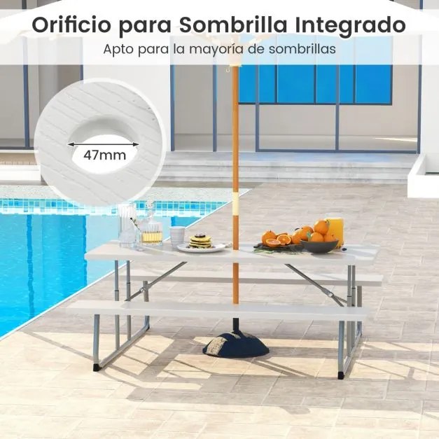 Mesa de piquenique dobrável 183 cm para 8 pessoas com 2 bancos Estrutura metálica Guarda-sol Orifício Mesa de jardim PEAD Cinzento