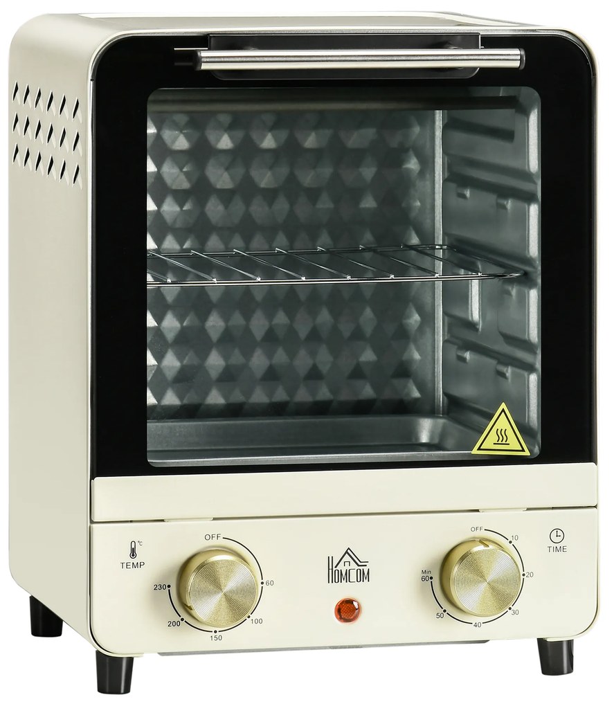 HOMCOM Mini Forno Elétrico 15 Litros 1000W Forno com Temperatura até 230°C Temporizador 60 Minutos Bandeja e Grade 25,5x27,5x32cm Creme