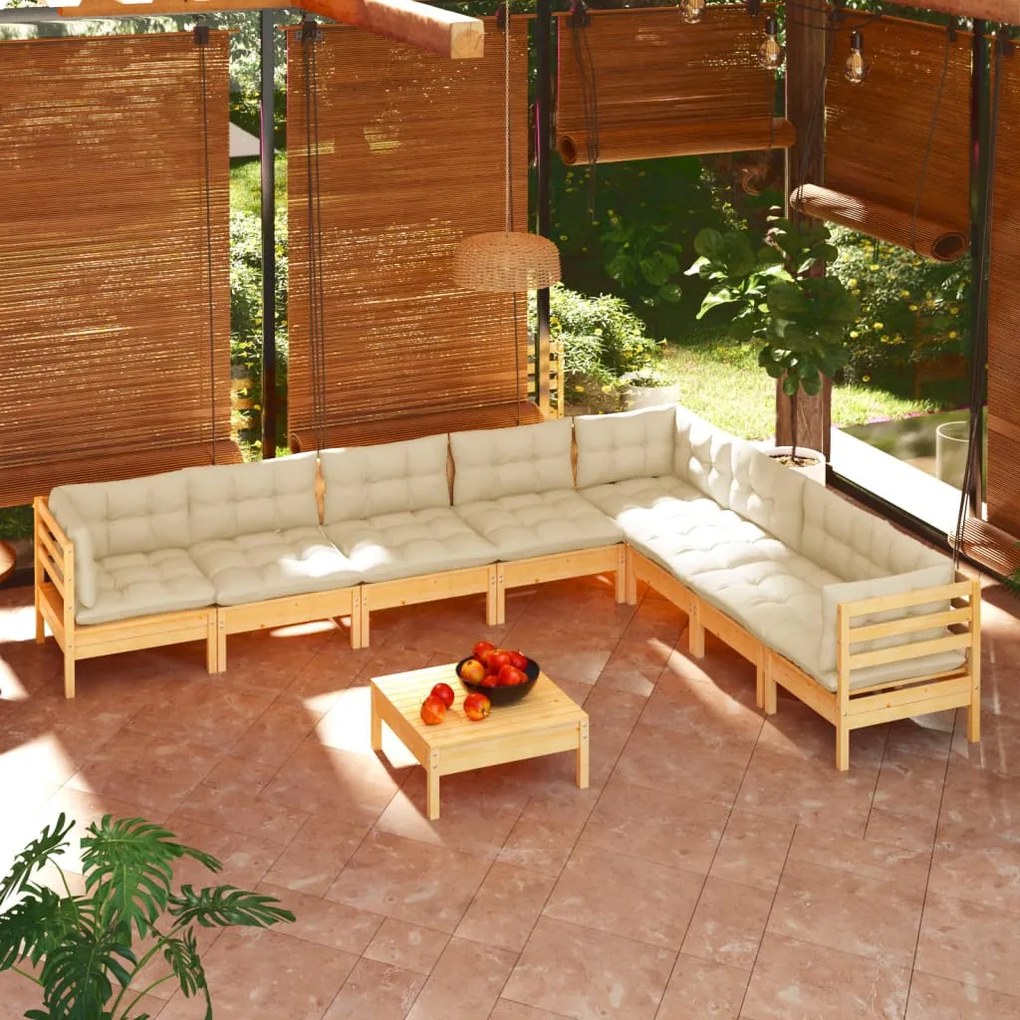 vidaXL 9 pcs conjunto lounge jardim c/ almofadões creme pinho maciço