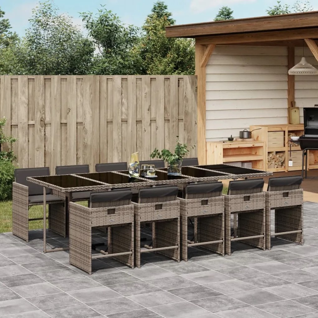 vidaXL 11 pcs conjunto jantar p/ jardim c/ almofadões vime PE cinzento