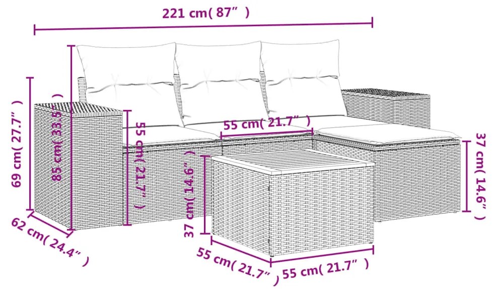 5 pcs conjunto de sofás p/ jardim com almofadões vime PE bege