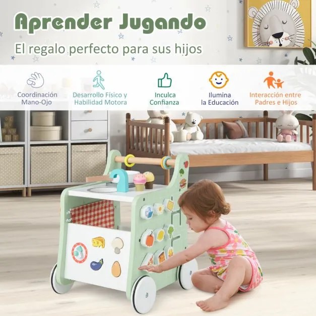 Andarilho de madeira 6 em 1 Centro de actividades de empurrar e puxar 6 em 1 com carrinho de cozinha para bebés com mais de 12 meses Verde