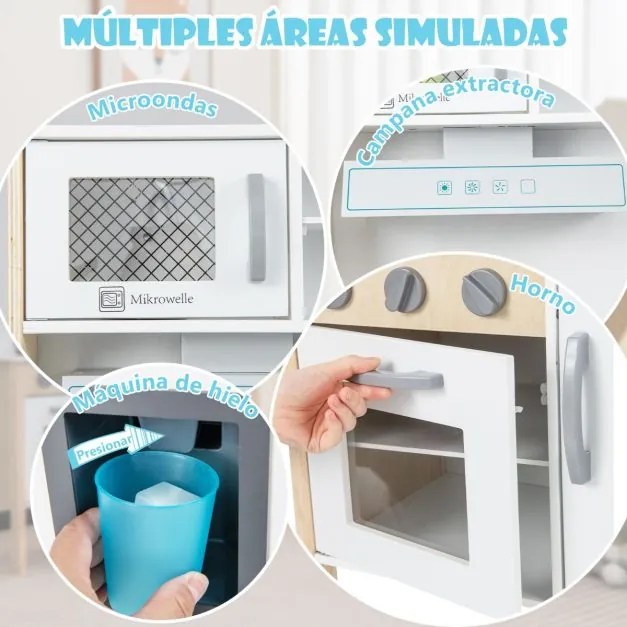 Cozinha de brincar para crianças em madeira com micro-ondas, exaustor, fogão, lava-loiça, máquina de gelo e 18 acessórios Branco