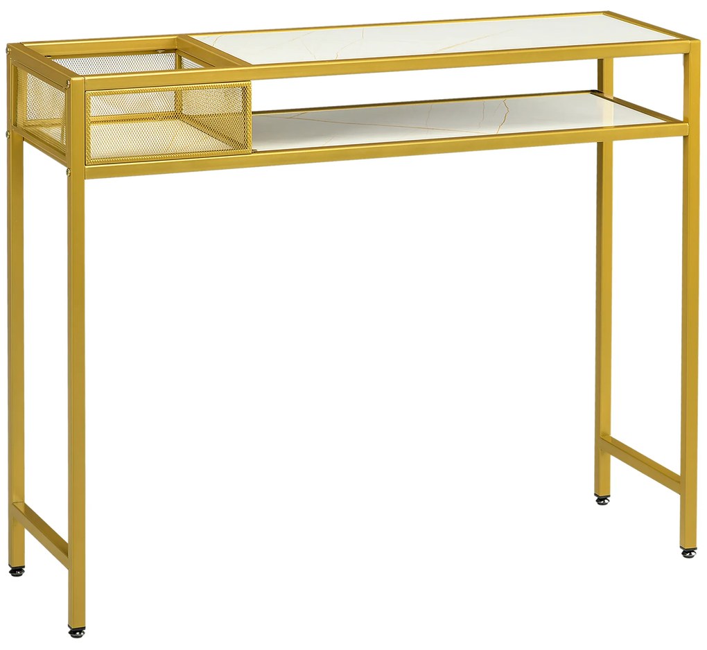 HOMCOM Mesa Consola com Prateleira Cesta de Armazenamento e Estrutura de Aço Móvel de Entrada 100x30x80 cm Dourado e Branco