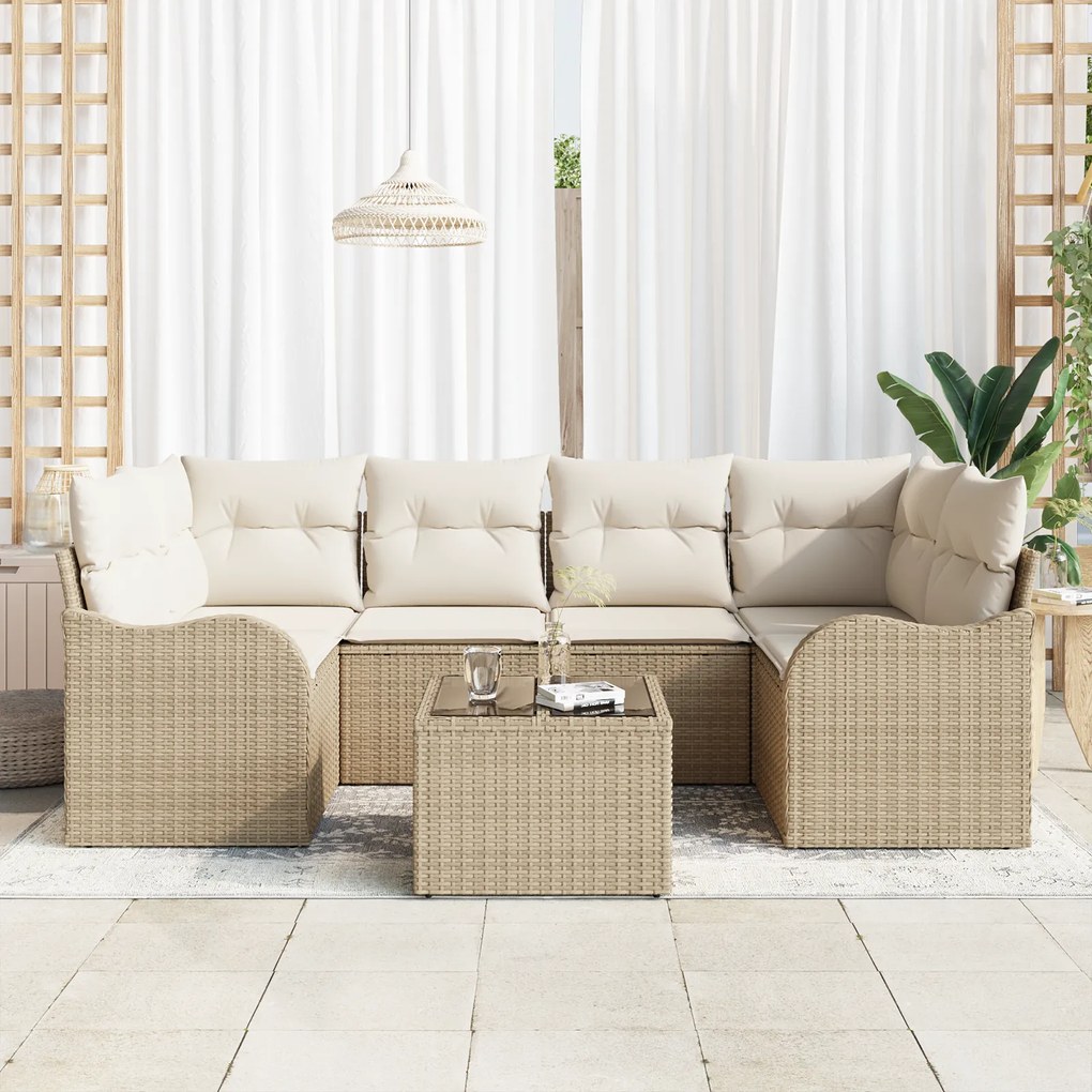 Conjunto de Sofá vidaXL de 7 Peças com Almofadas Bege Polyrattan