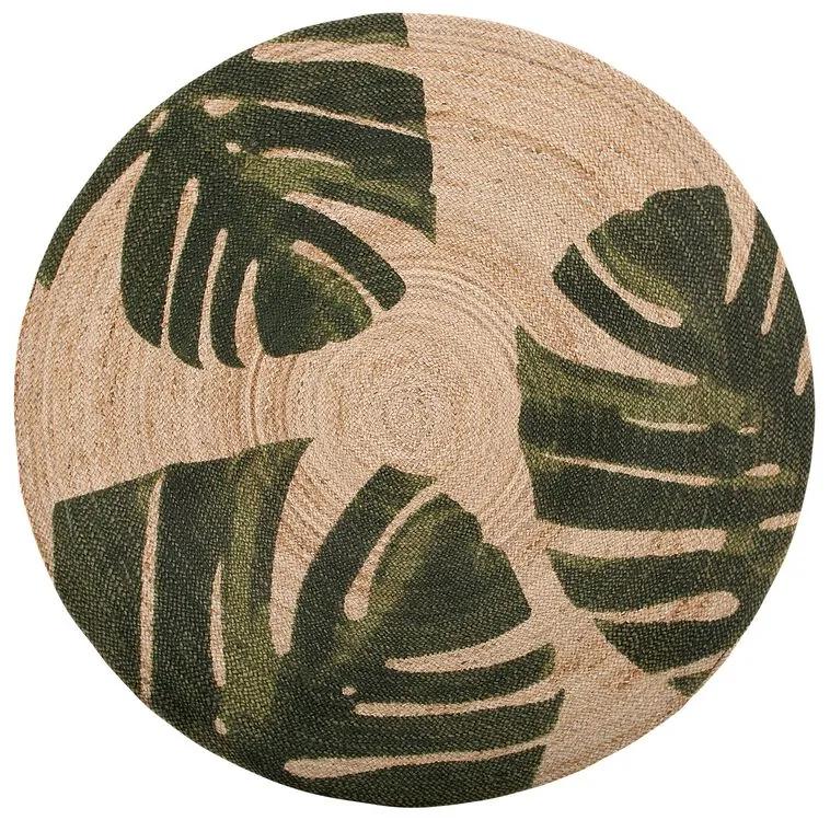 Tapete redondo com padrão de costela-de-Adão em juta creme e verde ⌀ 140 cm INCIK Beliani