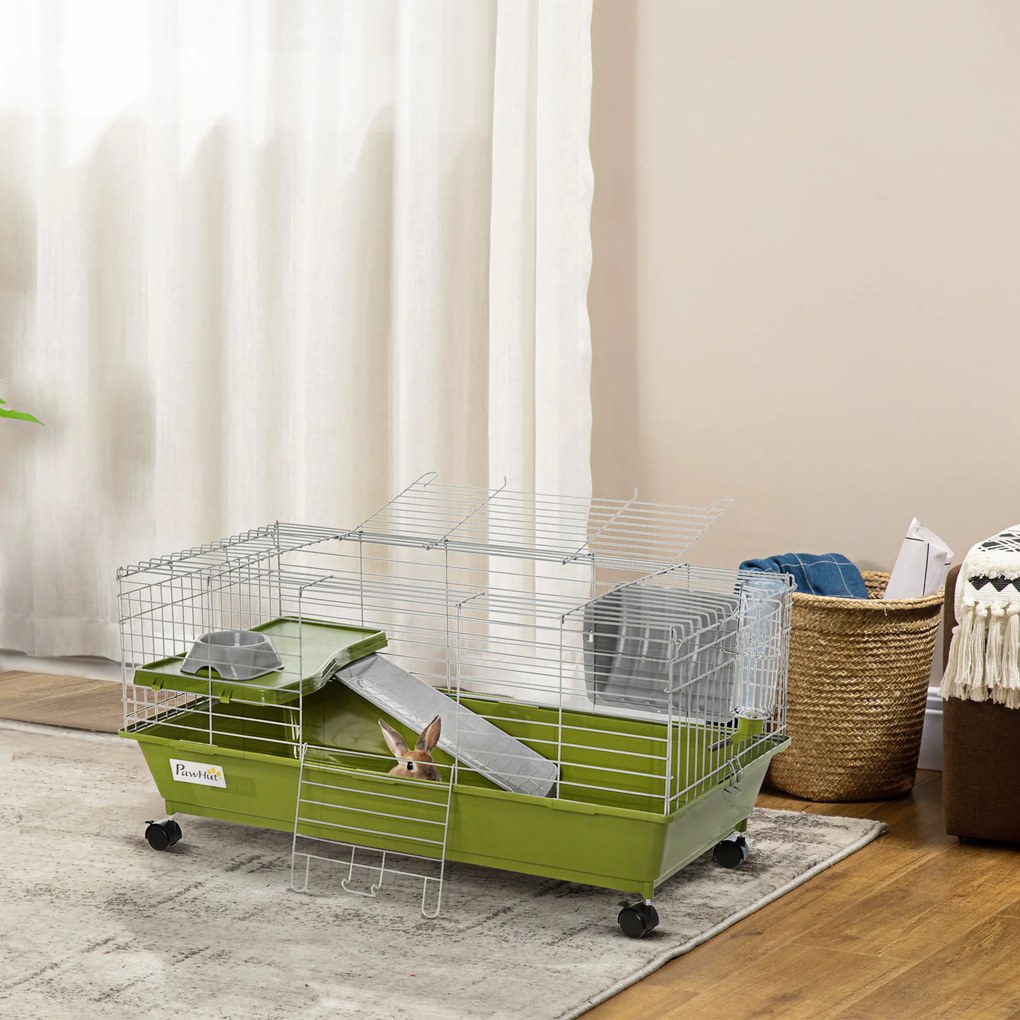 Gaiola para Pequenos Animais com Rodas Bebedouro Comedouro e Dispensador de Feno para Coelhos e Porquinhos-da-Índia 89x44x43 cm Verde