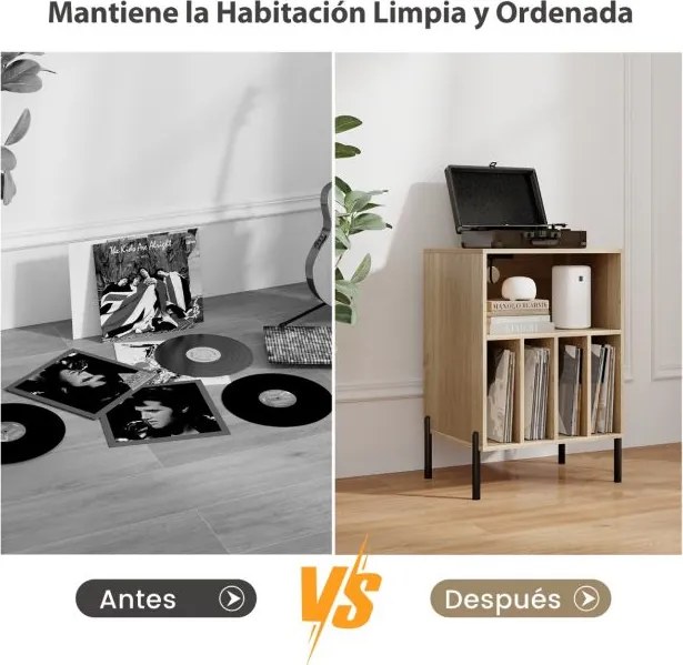 Estante para discos vinil Pernas de metal e Estação de carregamento e porta USB para sala de estar Quarto Escritório Natural