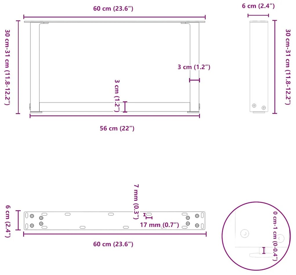 Pés para mesa de centro em formato de U, 2 peças, branco, 60x(30-31) c