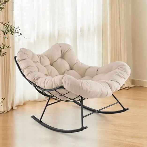 Cadeira de balanço Papasan grande para pátio com almofada acolchoada e estrutura de metal - cinza