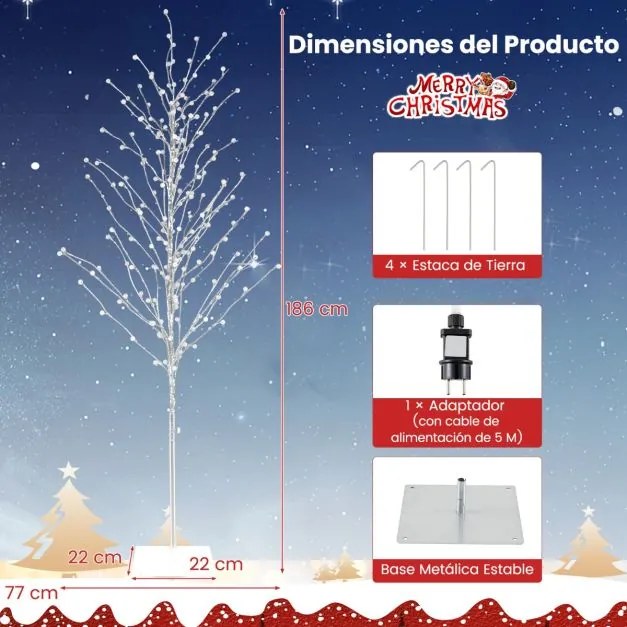 Árvore de Natal de bétula iluminada com 168 luzes LED brancas quentes e base metálica para interior e exterior, 180 cm