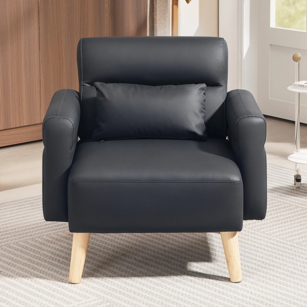 Poltrona Moderna Estofada em Couro Sintético com Apoios de Braço Acolchoados e Pés em Madeira 77x78x78 cm Preto