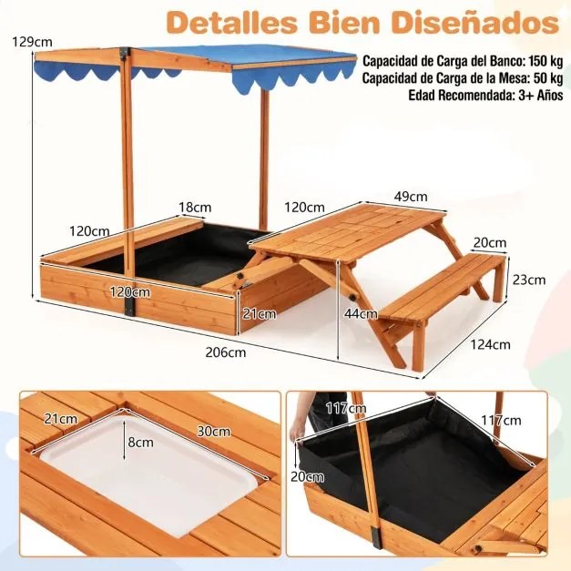 Caixa de areia de madeira para 3+ anos com mesa e banco dobráveis, guarda-sol ajustável e giratório, natural e azul