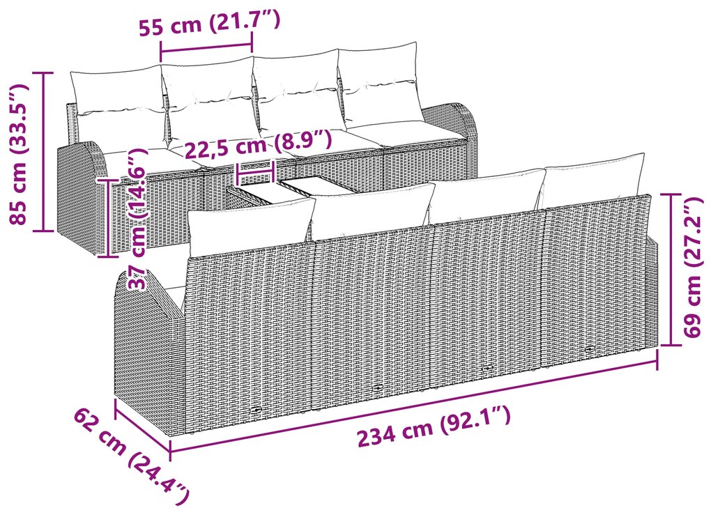 Conjunto de Sofá de Jardim vidaXL 9 Peças com Almofadas Preto de Ratta