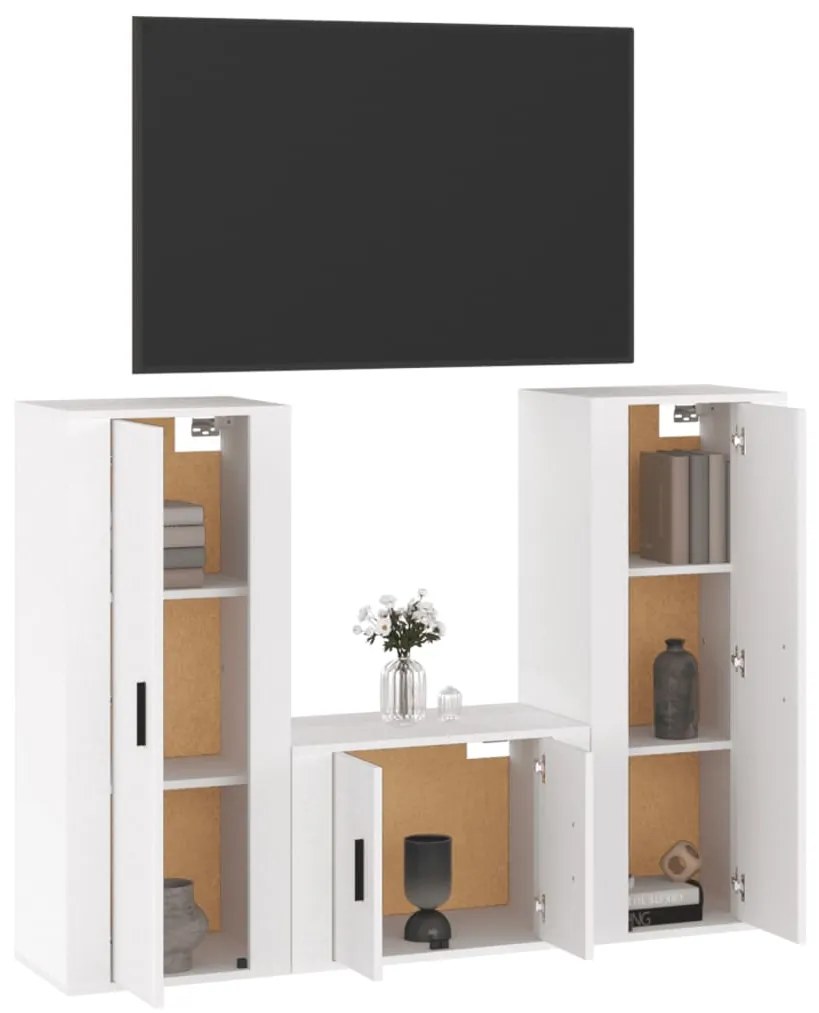 3 pcs conjunto móveis de TV madeira processada branco brilhante
