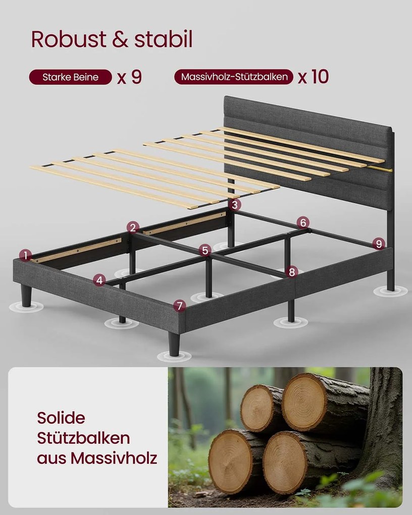 Estrutura de cama de casal para colchão (NÃO INCLUÍDO) de 160 x 200 cm Cinzento