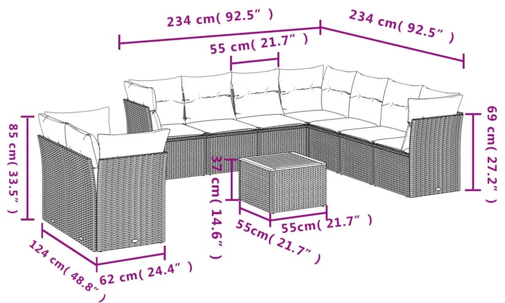 11 pcs conjunto sofás de jardim c/ almofadões vime PE cinzento