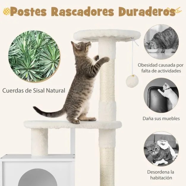 Casa para gatos com armarios para arrumação Caixa de areia e torre de arranhar Armário com esconderijo e divisória 77,5 x 49 x 132 cm Branco