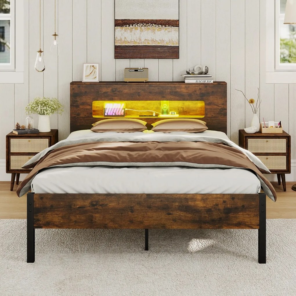 Estrutura Cama 200 x 140 cm com luzes LED (COLCHÃO NÃO INCLUIDO), cabeceira com espaço de armazenamento, tomadas elétricas e estrado de ripas Castanho