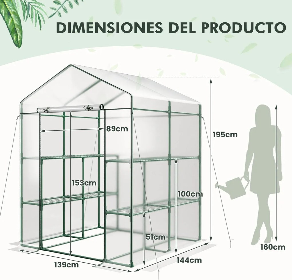 Estufa de jardim 139 x 144 x 195 cm com 8 prateleiras Cobertura em PVC Porta enrolável com fecho de correr Estrutura metálica transparente