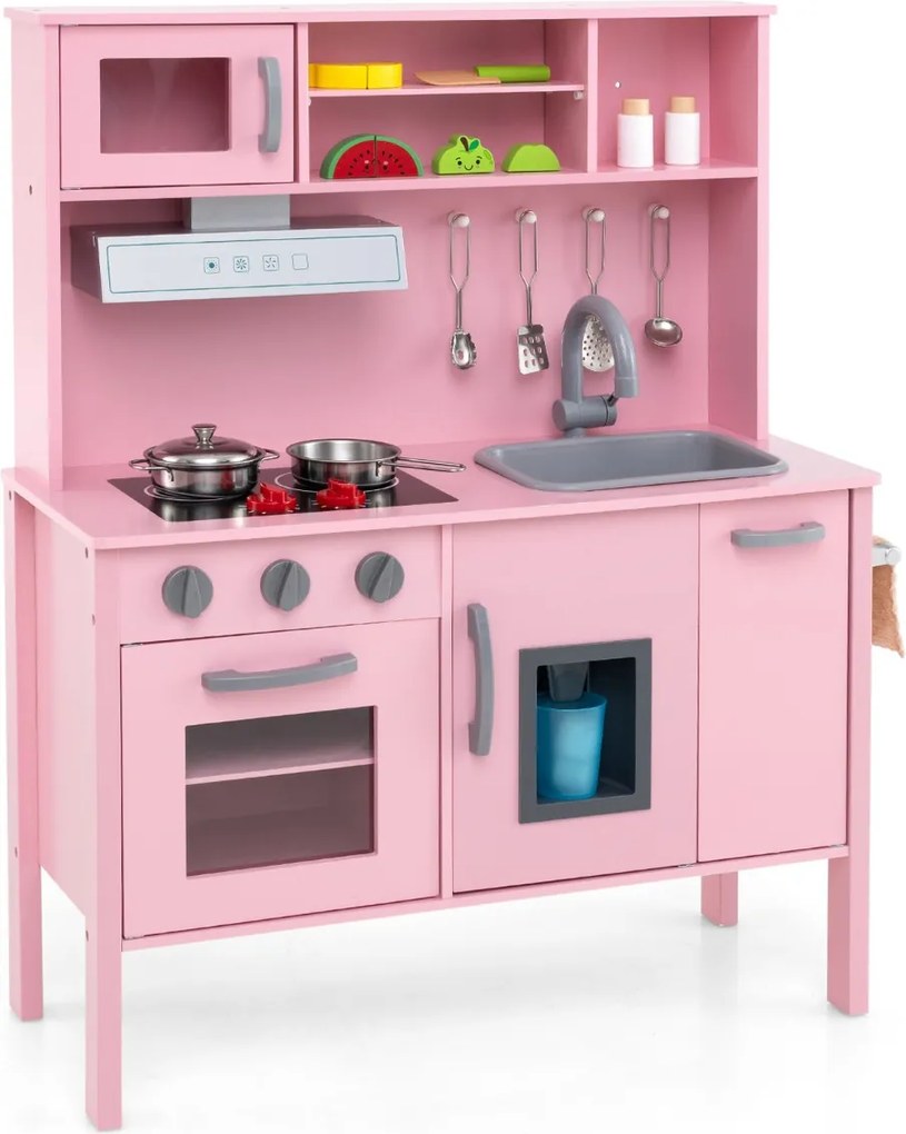Cozinha de brincar para crianças em madeira com micro-ondas, exaustor, fogão, lava-loiça, máquina de gelo e 18 acessórios Rosa
