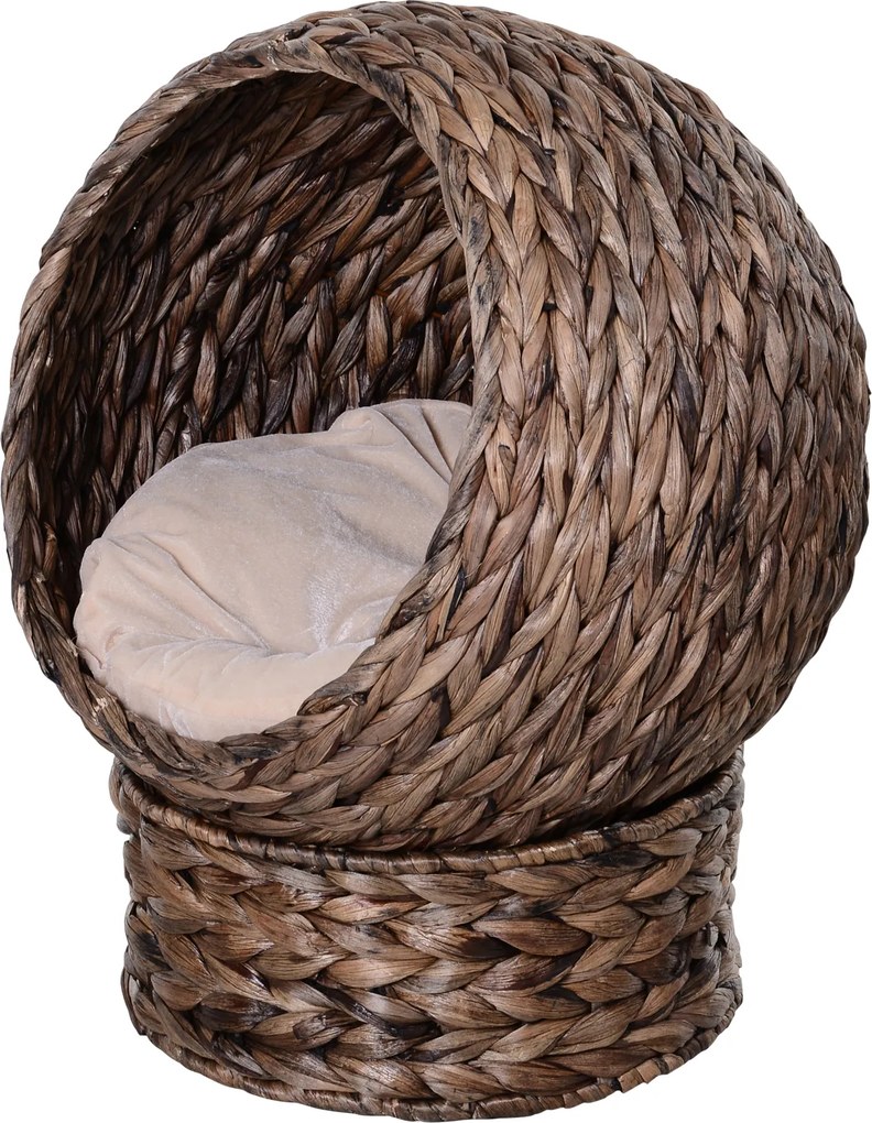 PawHut Cesto para Gatos em Vime de Água com Almofada, Cama para Gatos, Cama para Animais,50 cm x 42 cm x 60 cm, Café + Bege | Aosom Portugal