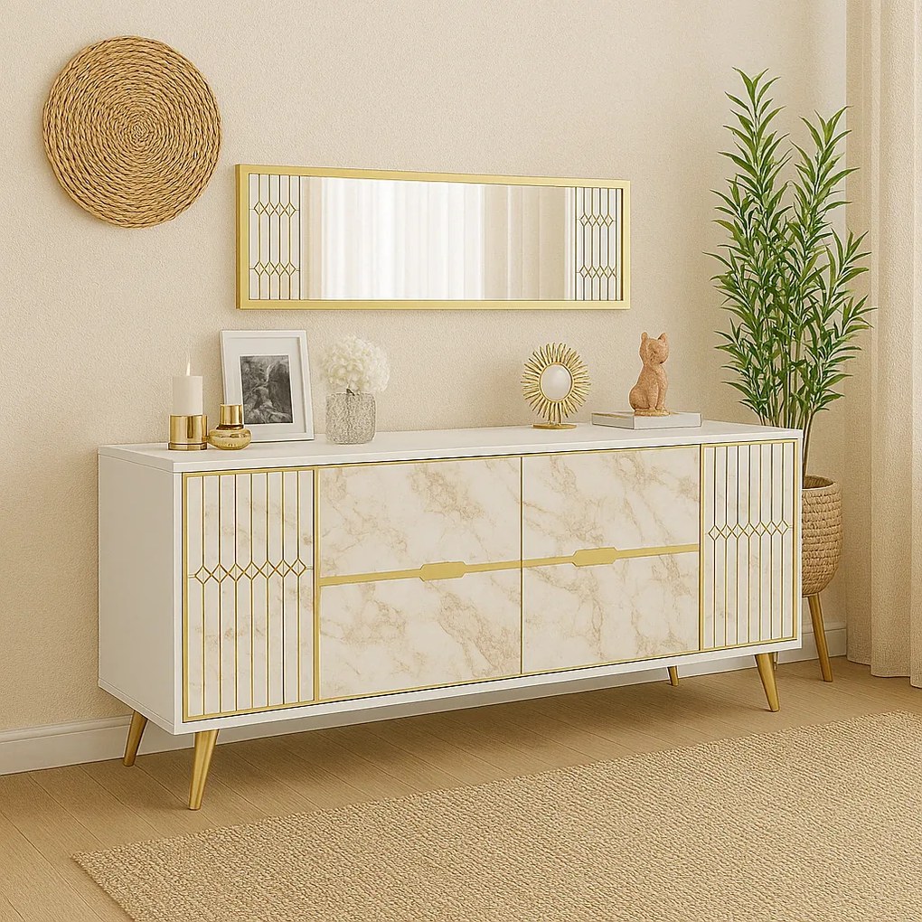 Aparador ELOISE em Mármore Branco com 4 Portas e Pernas Douradas – 180