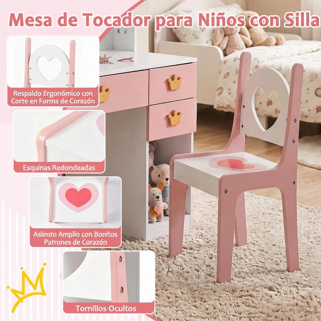 Conjunto de Toucador Infantil com Espelho e Cadeira, 80 x 40 x 130 cm, Espaço de Arrumação Ajustável, Branco