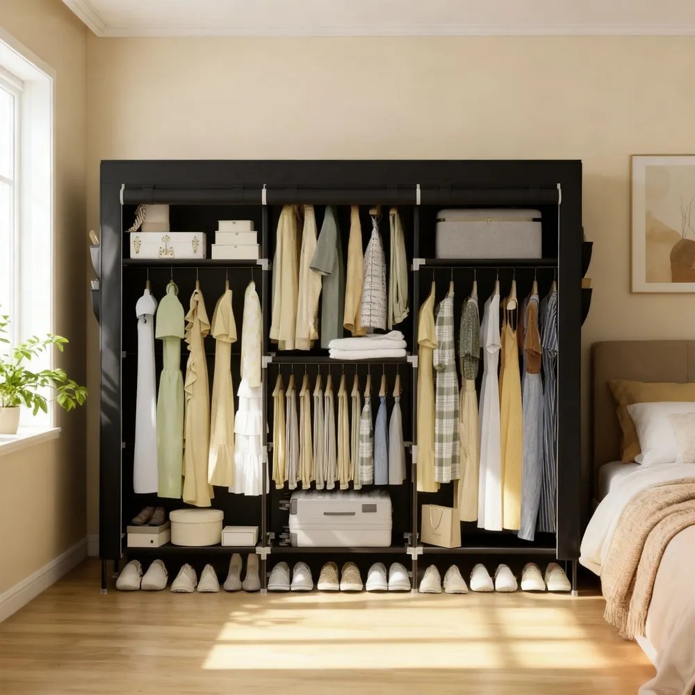 Guarda roupa com varão 45 x 189 x 180 cm, em tecido e plástico com bolsos laterais preto