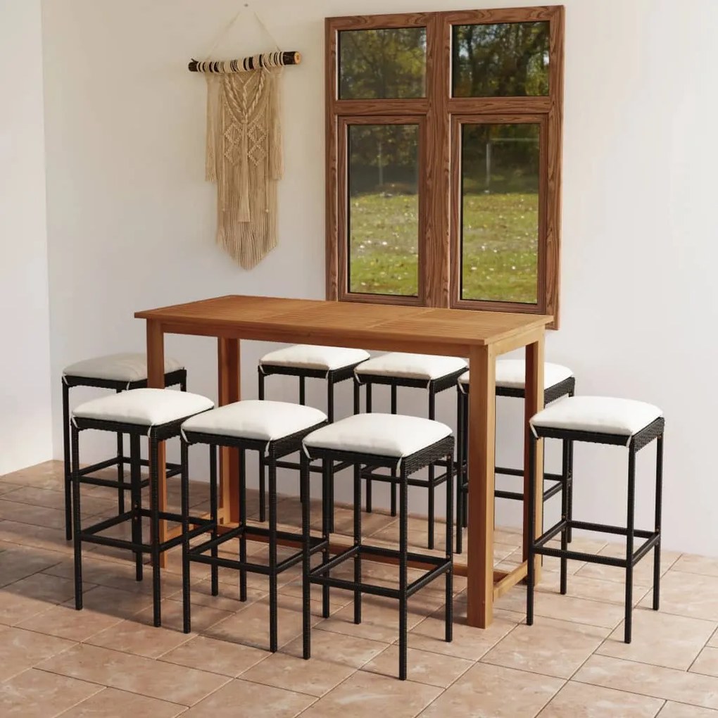 vidaXL 9 pcs conjunto de bar para jardim com almofadões preto