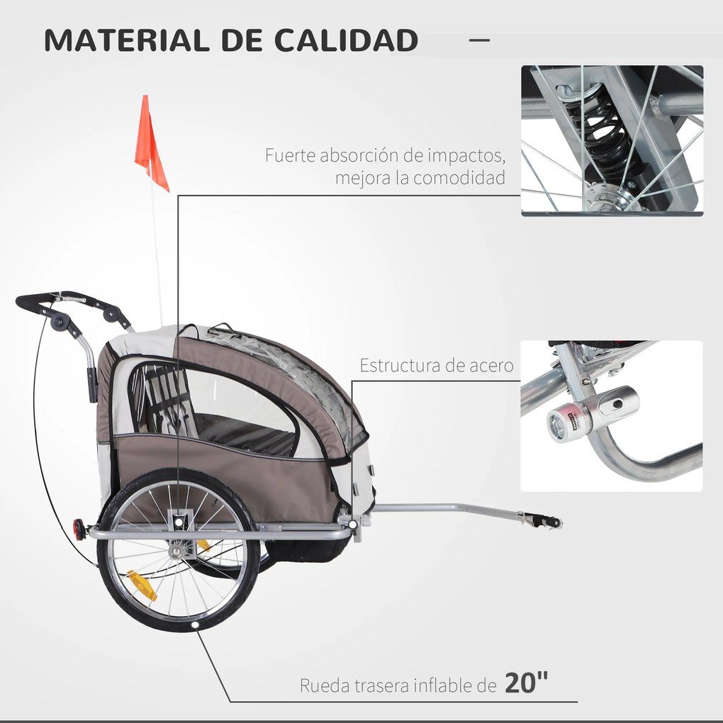 HOMCOM Reboque de Bicicleta para Crianças 2 Lugares 2 em 1 Reboque para Crianças Convertível em Carrinho com Rodas 360º Amortecedores e Guiador Ajustável Bege e Marrom