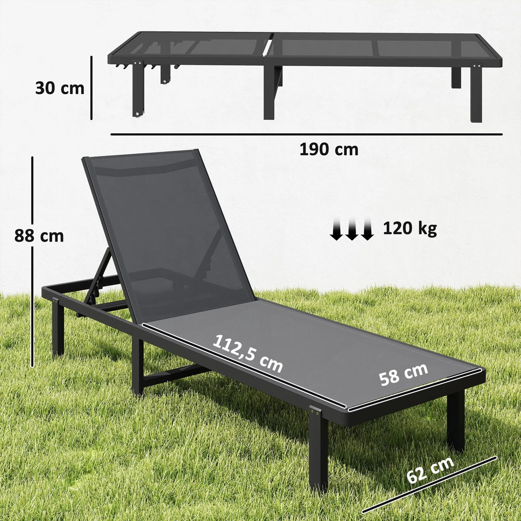 Espreguiçadeira de jardim com Rodas, reclinável em 4 posições até ficar totalmente na horizontal, em Textilene 530 g/m², cinzento escuro