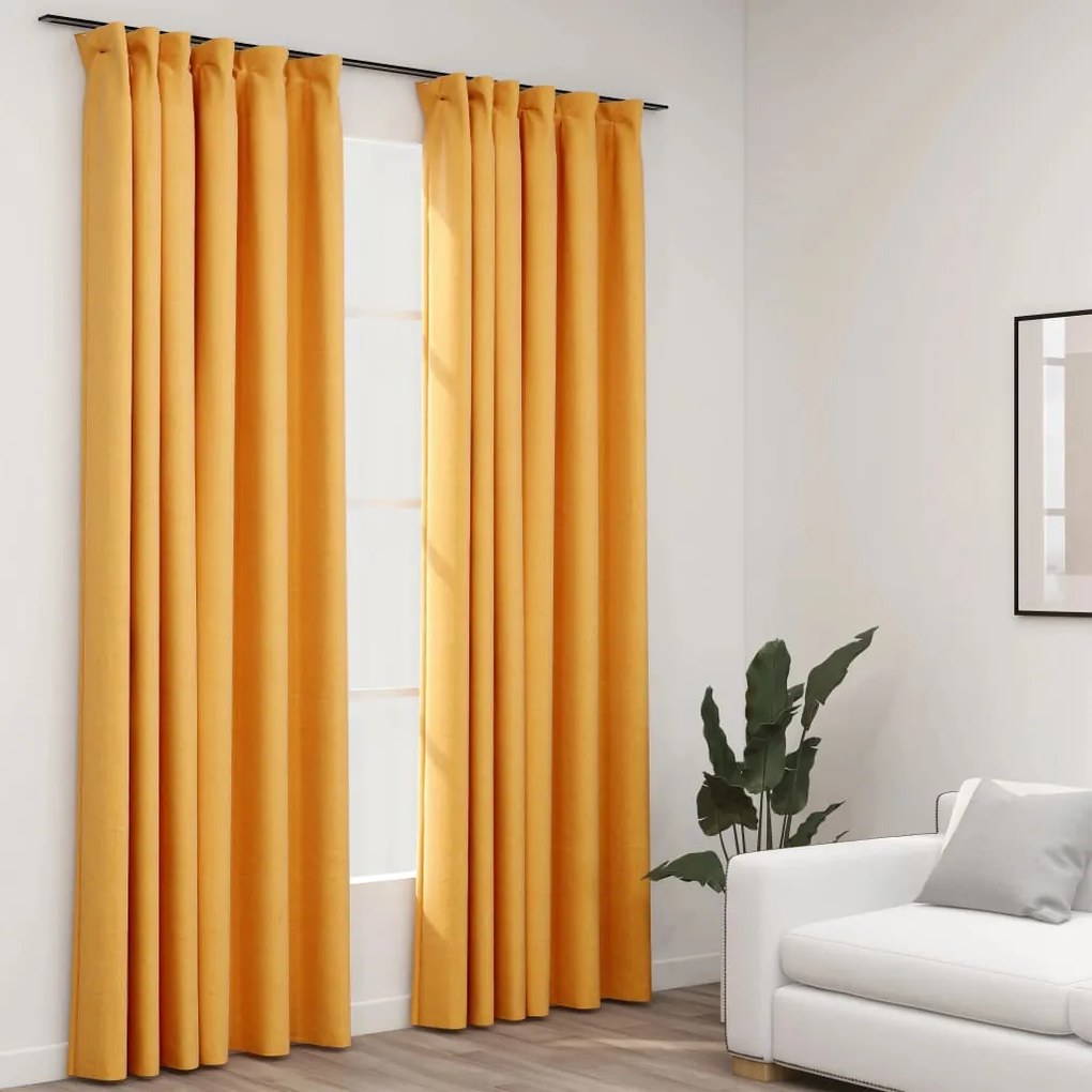 Cortinas opacas aspeto linho c/ ganchos 2 pcs 140x225cm amarelo