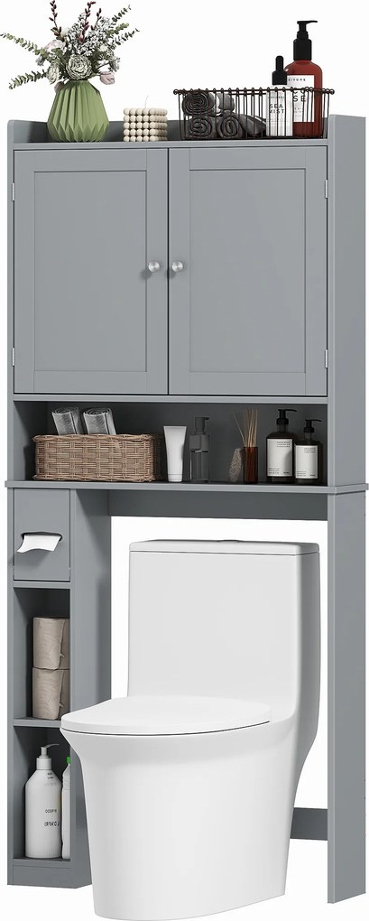 Móvel de casa de banho para colocar sobre o lavatório 80 x 19,5 x 170 cm ou a máquina de lavar roupa, 2 portas, 3 compartimentos, suporte para papel h
